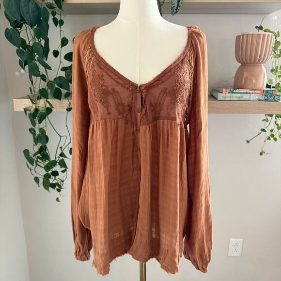 Free People Long SleeveTop Rust Brown High Low Hem Festival Boho Peasant Fall - Picture 2 of 10